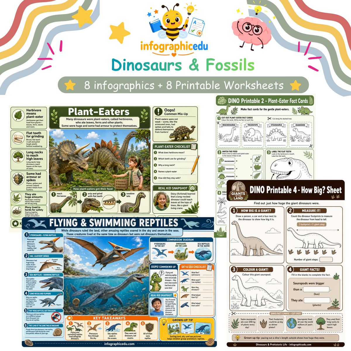 Dinosaurs & Fossils for Kids digital infographic course and printable worksheet pack cover from Infographic EDU