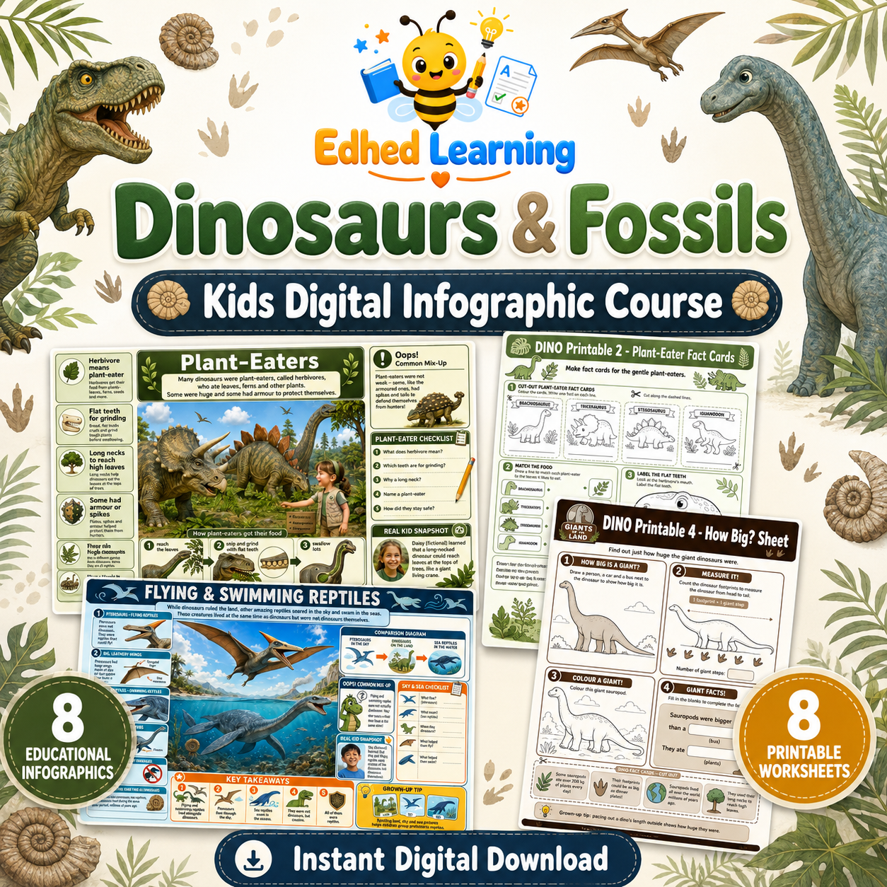 Dinosaurs and Fossils Kids educational worksheets