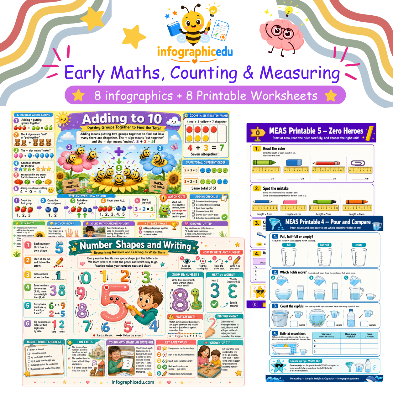 Early Maths, Counting & Measuring for Kids digital infographic course and printable worksheet pack cover from Infographic EDU