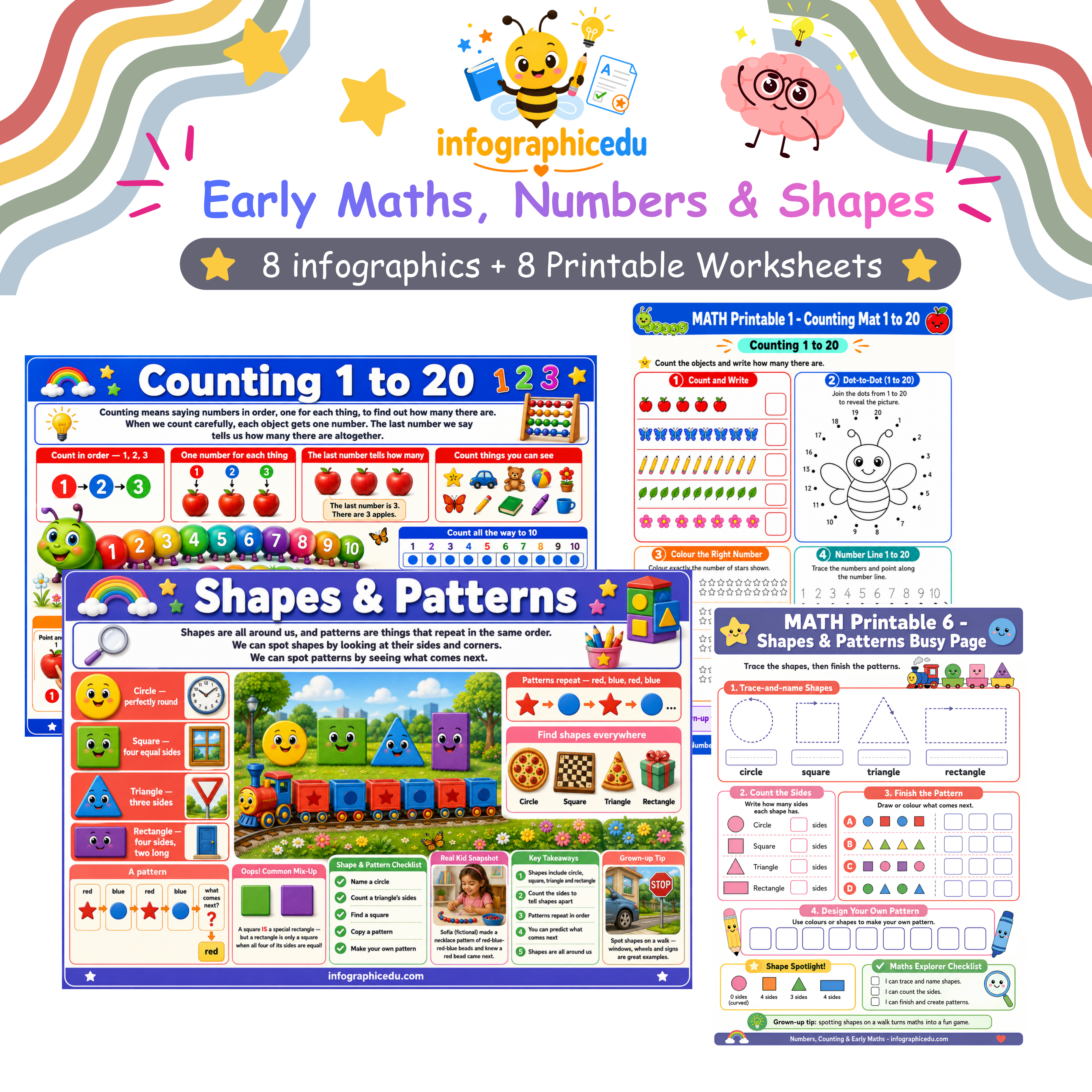 Early Maths, Numbers and Shapes kids digital infographic course and worksheet pack cover
