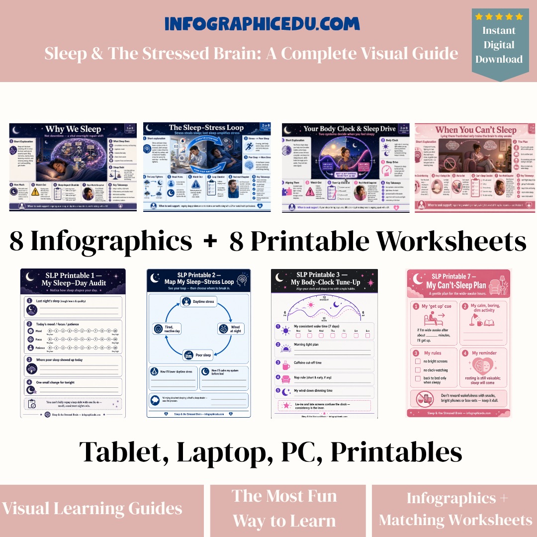 Sleep & The Stressed Brain digital infographic course and printable worksheet pack cover from Infographic EDU