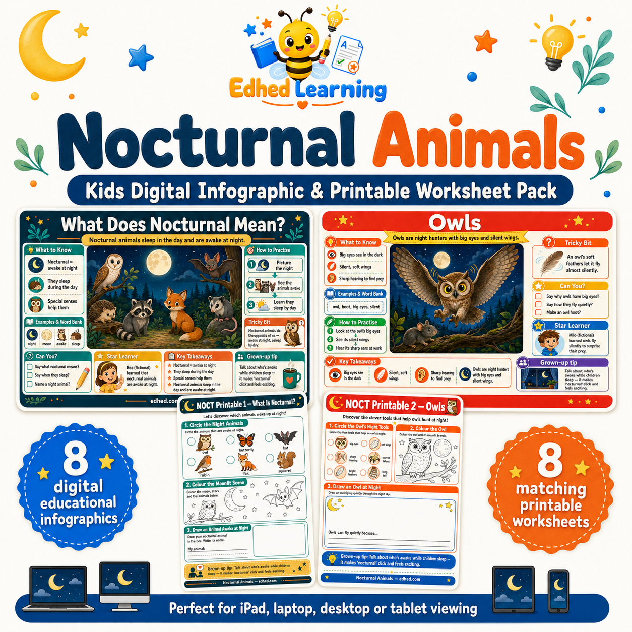Nocturnal Animals kids digital infographic and printable worksheet pack with 8 infographics and 8 worksheets