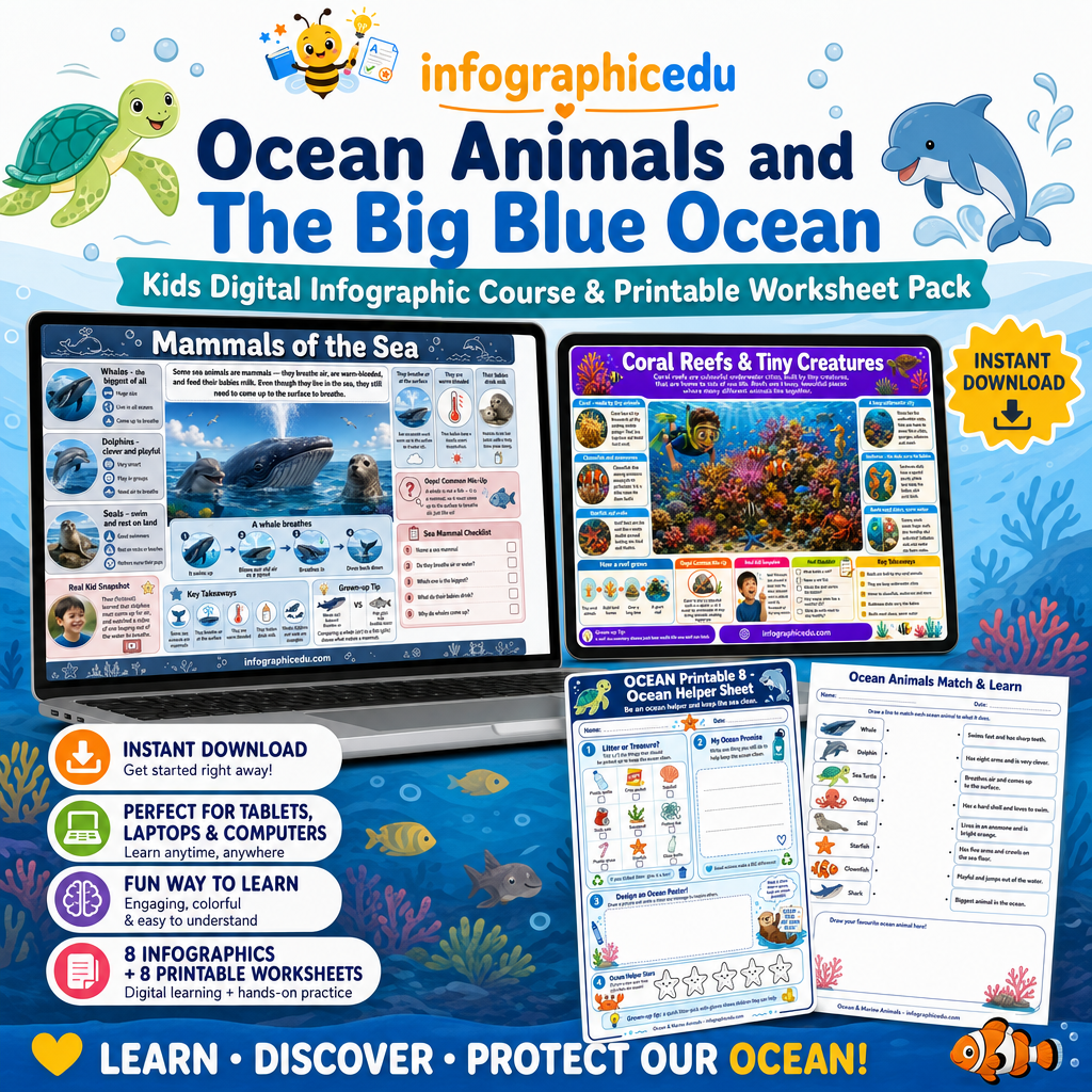 Ocean Animals & The Big Blue Ocean – Kids Digital Infographic Course & Printable Worksheet Pack