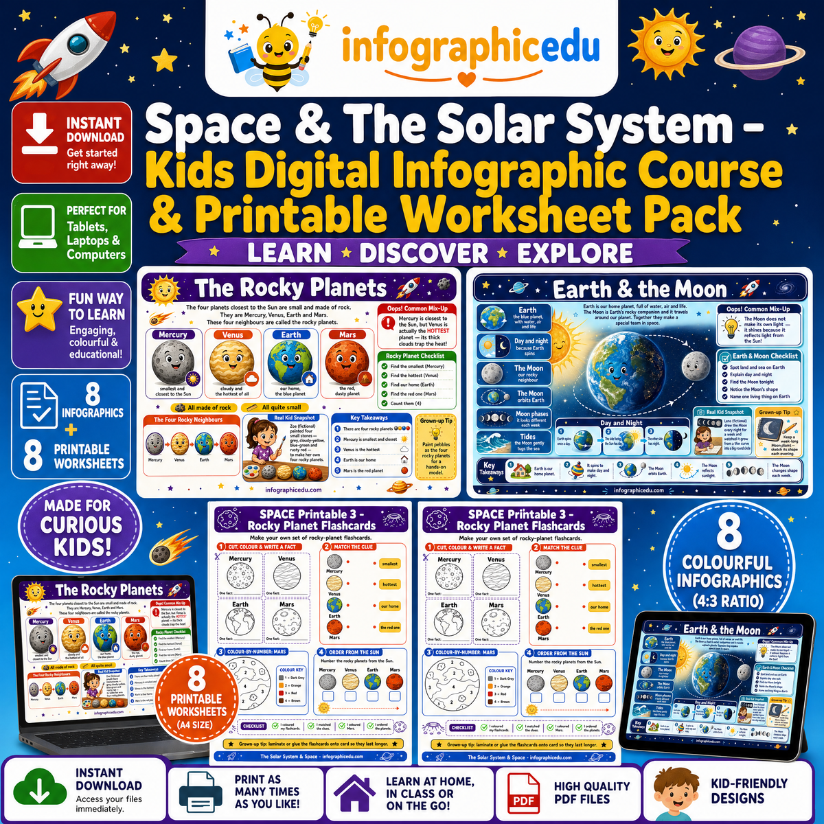 Space & The Solar System – Kids Digital Infographic Course & Printable Worksheet Pack