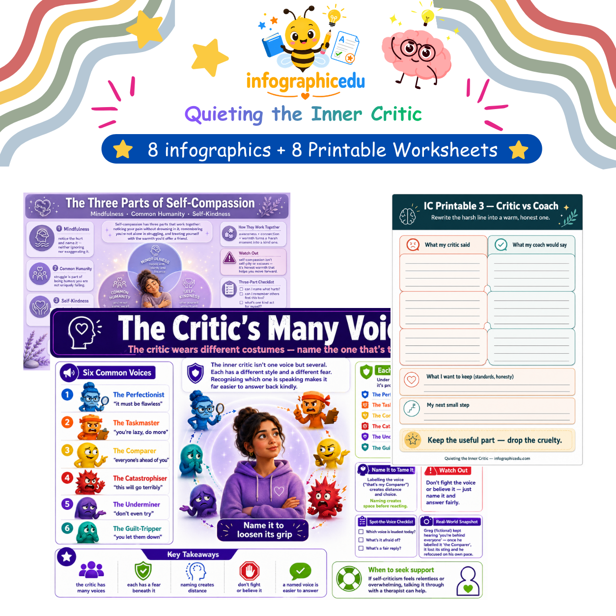 Quieting the Inner Critic digital infographic course and printable worksheet pack cover from Infographic EDU
