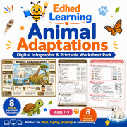 Animal Adaptations digital infographic and printable worksheet pack for children ages 7 to 9
