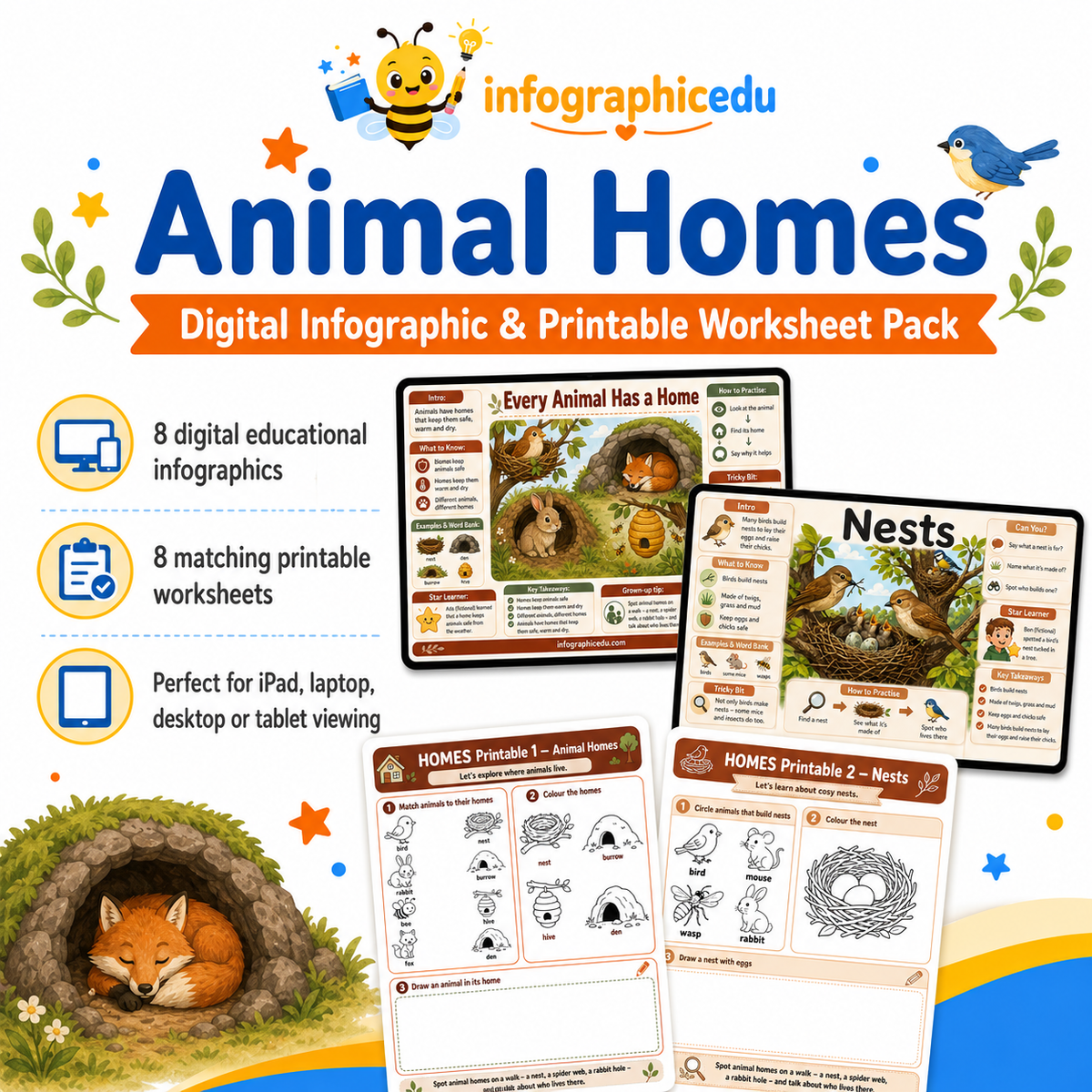 Animal Homes digital course pack cover showing infographic and worksheet previews