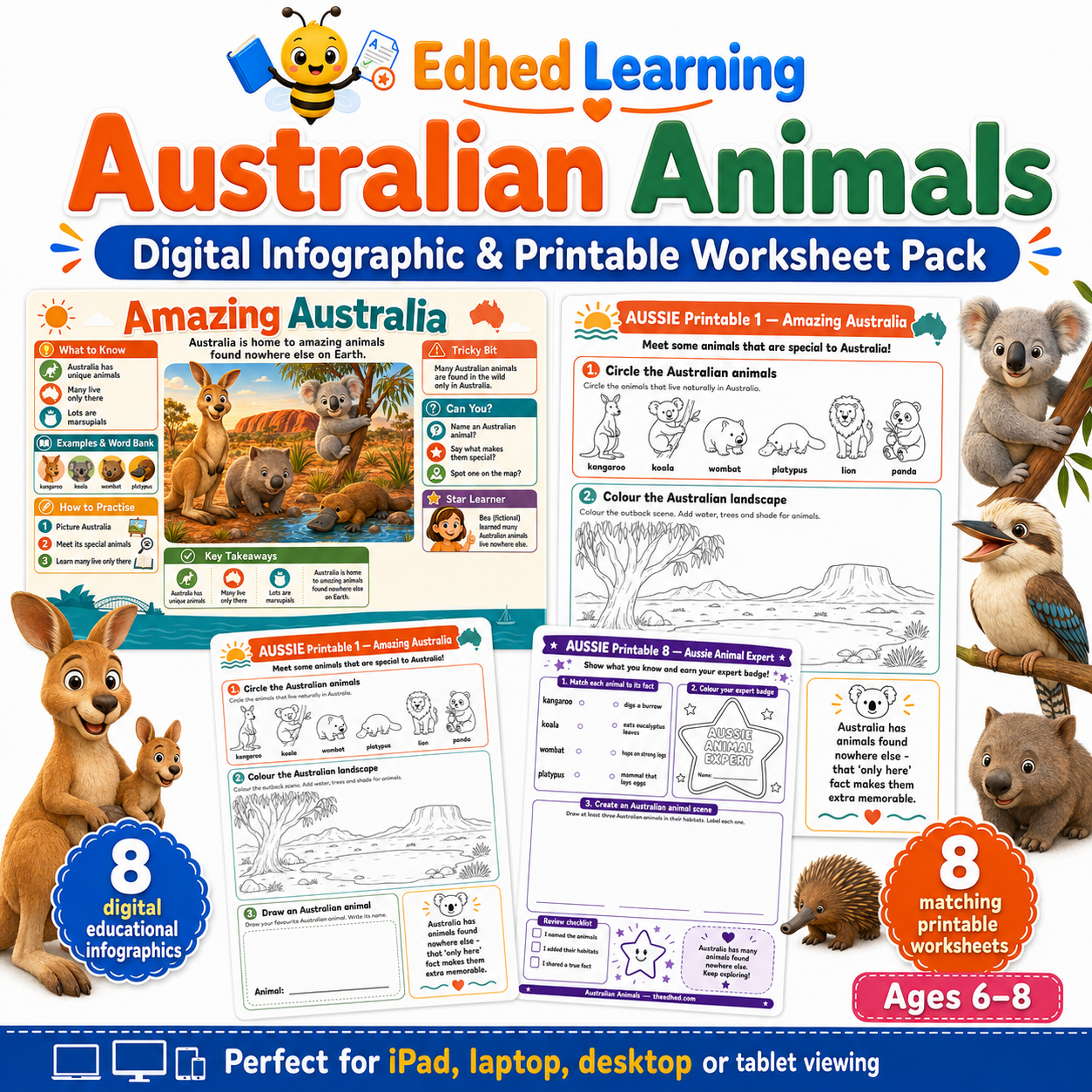 Australian Animals digital infographic and printable worksheet pack for ages 6-8