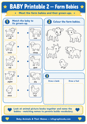 Farm Babies matching colouring and drawing printable worksheet for ages 3–5