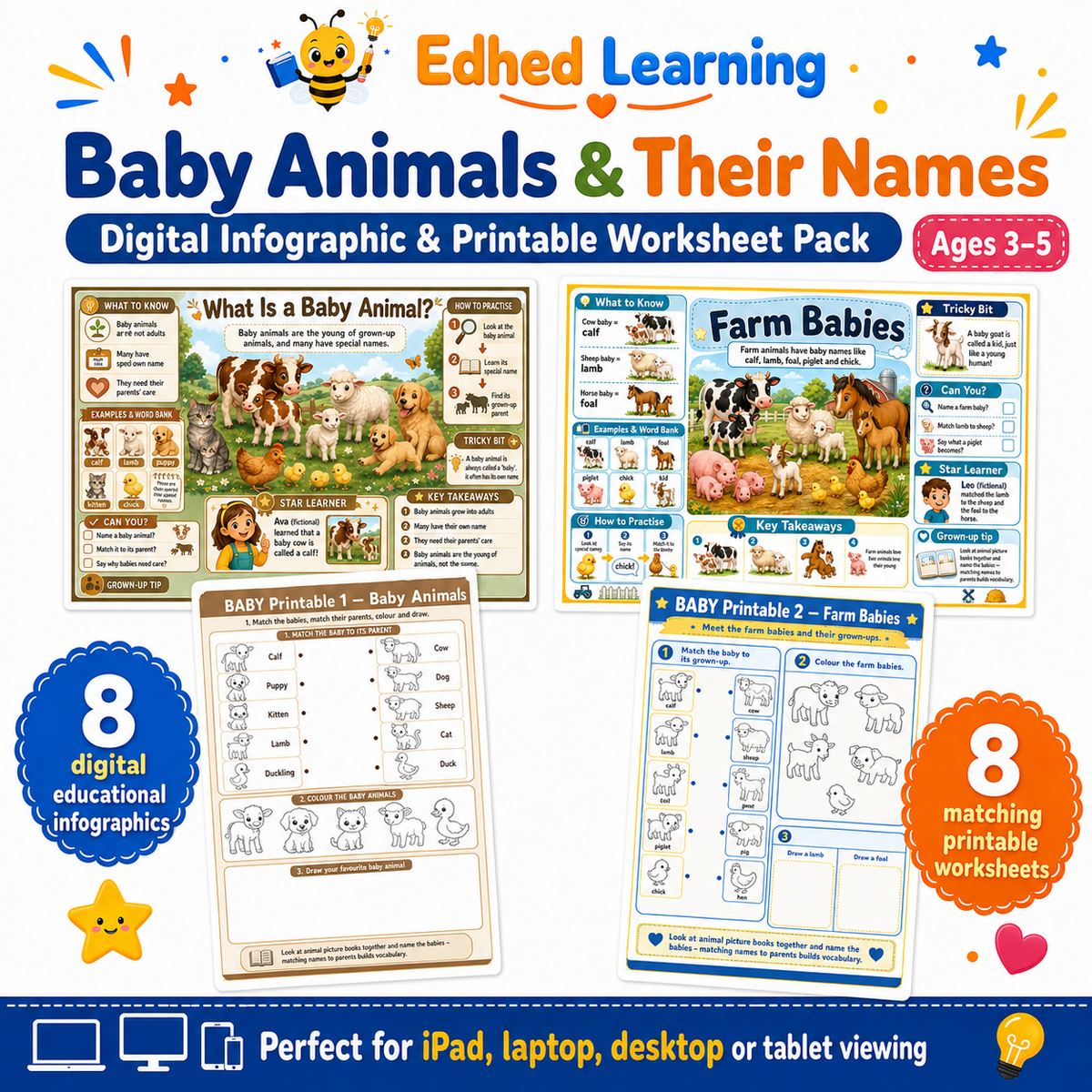 Baby Animals & Their Names – Digital Infographic & Printable Worksheet Pack for ages 3–5