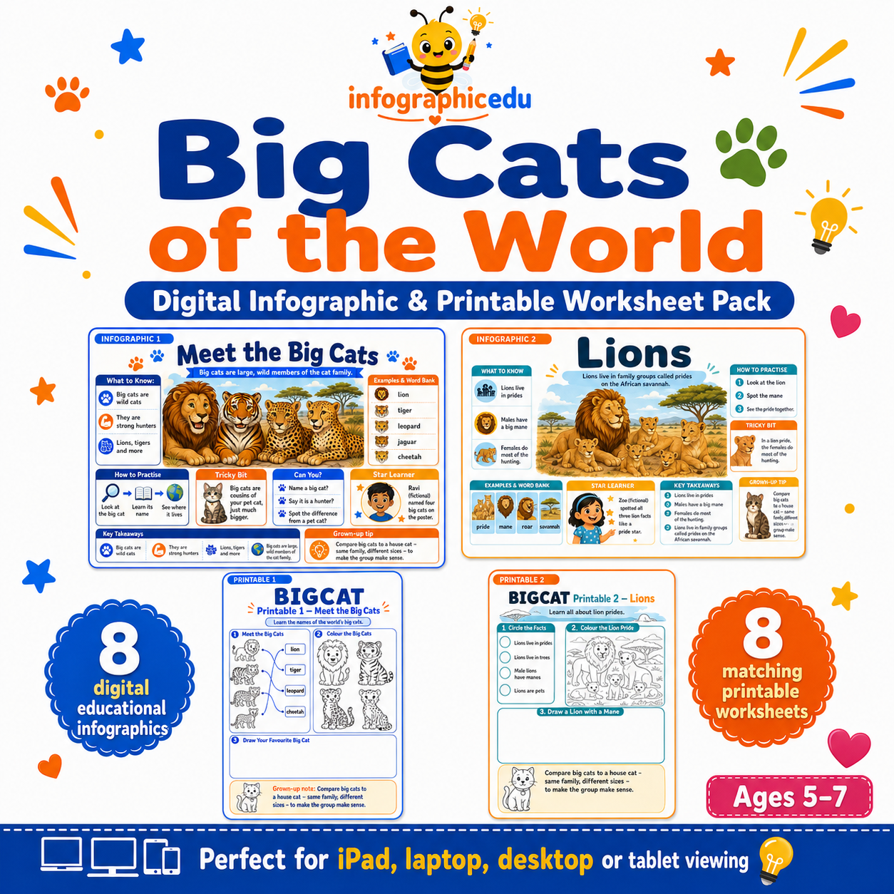 Big Cats of the World digital infographic and printable worksheet pack cover