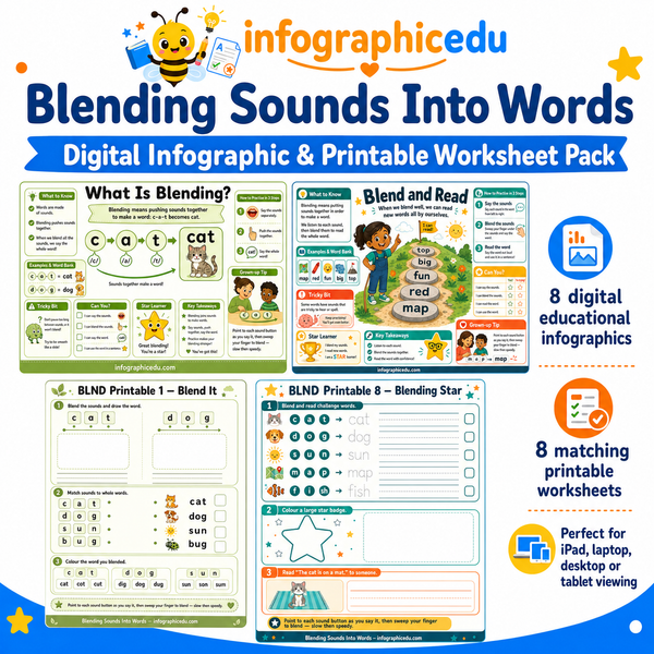 Blending Sounds Into Words kids digital course with 8 educational infographics and 8 printable worksheets