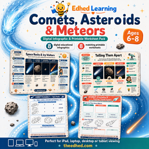 Comets Asteroids and Meteors digital course pack with 8 infographics and 8 printable worksheets