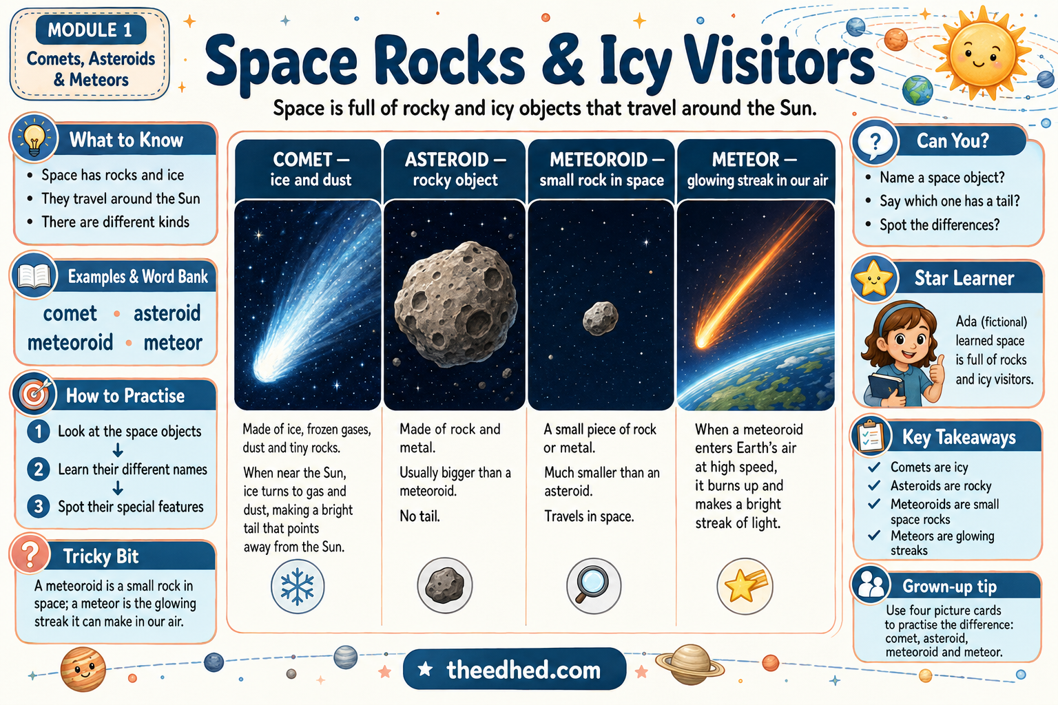 Space Rocks and Icy Visitors teaching infographic for ages 6 to 8