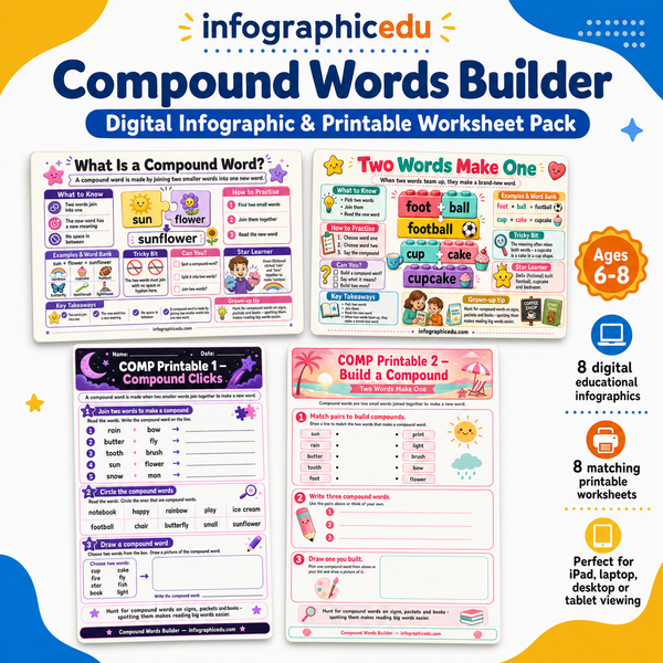 Compound Words Builder digital infographic and printable worksheet pack for ages 6 to 8