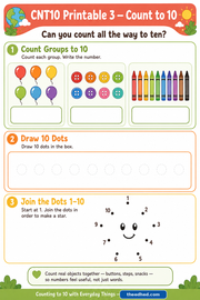 Free Count to 10 printable worksheet with counting groups dots and number activity