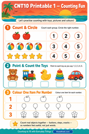 Free Counting Fun printable worksheet with count circle point and colour activities