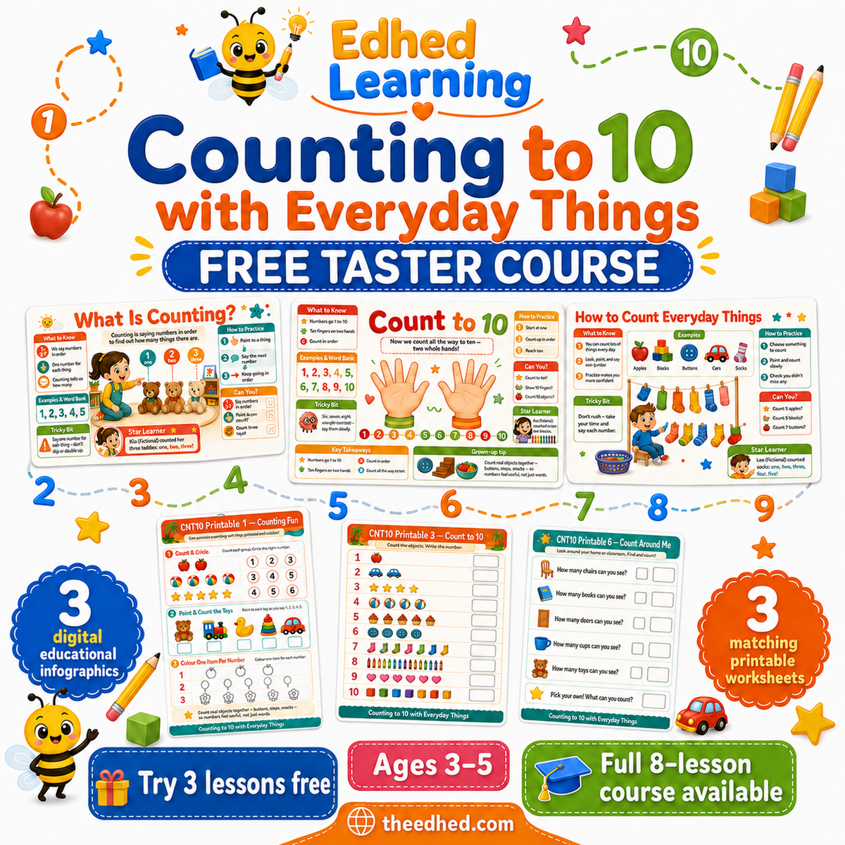 Counting to 10 free taster course with 3 infographics and 3 printable worksheets for ages 3 to 5