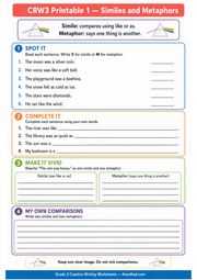 A4 Similes and Metaphors printable worksheet for Grade 3 creative writing