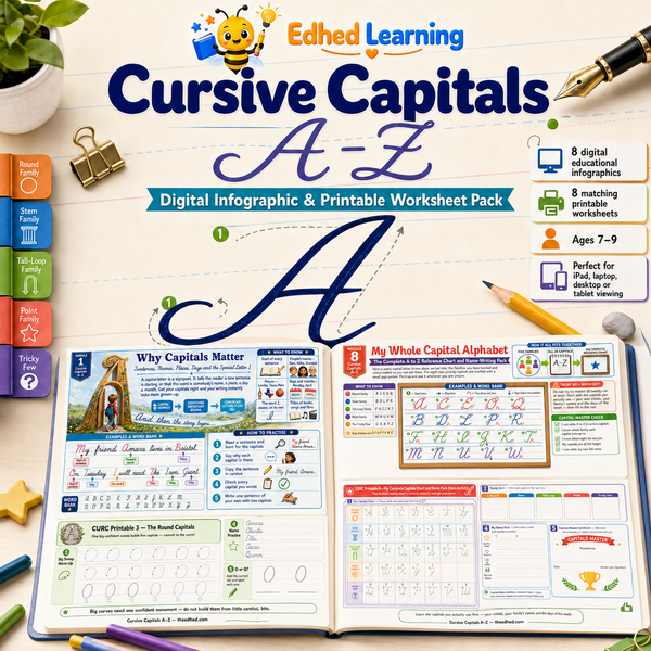 Cursive Capitals A–Z digital infographic and printable worksheet pack for ages 7–9