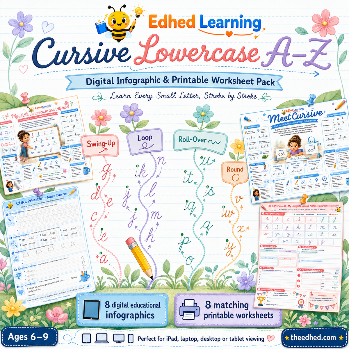 Cursive Lowercase A-Z kids digital course and printable handwriting worksheet pack in a unique letter garden design, ages 6 to 9