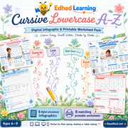 Cursive Lowercase A-Z kids digital course and printable handwriting worksheet pack in a unique letter garden design, ages 6 to 9