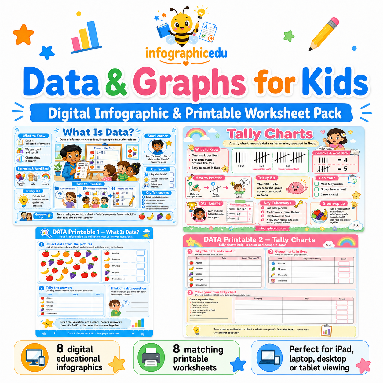 Data & Graphs for Kids digital infographic and printable worksheet pack cover