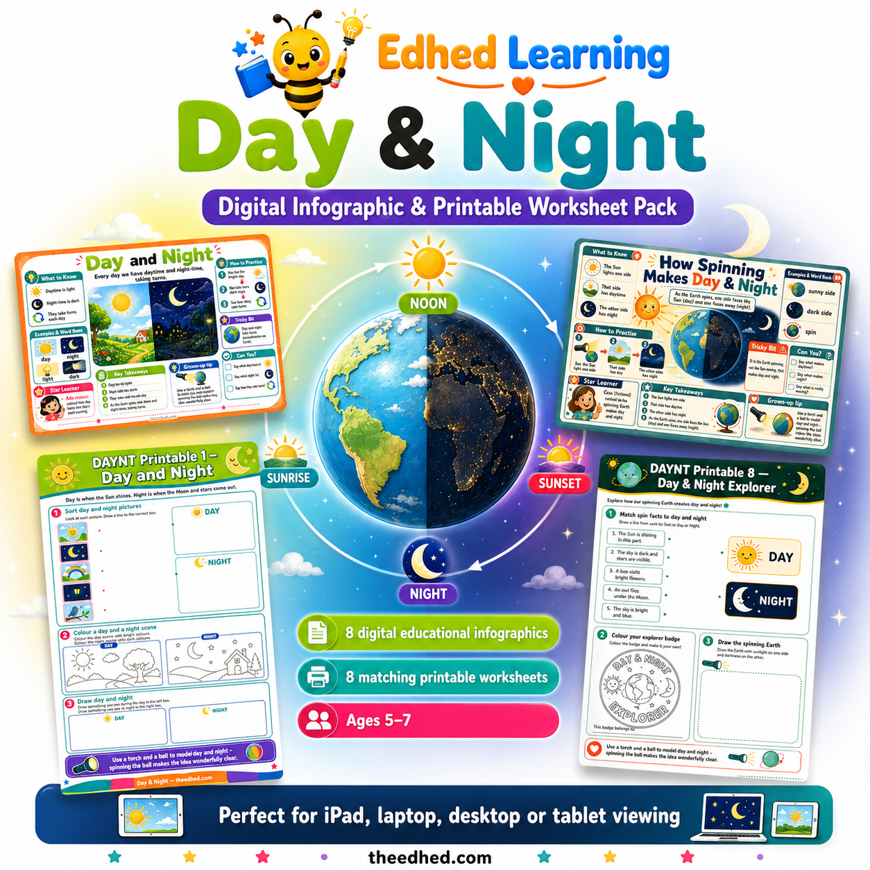 Day & Night kids digital course with 8 educational infographics and 8 printable worksheets for ages 5–7