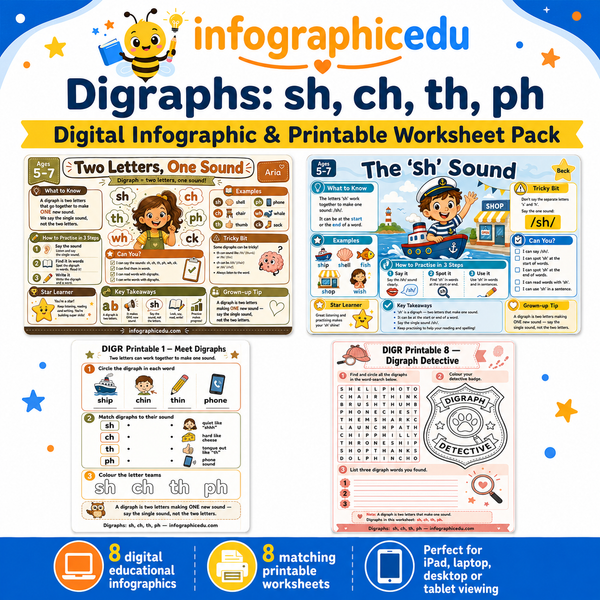 Digraphs sh ch th ph kids digital course with 8 educational infographics and 8 printable worksheets