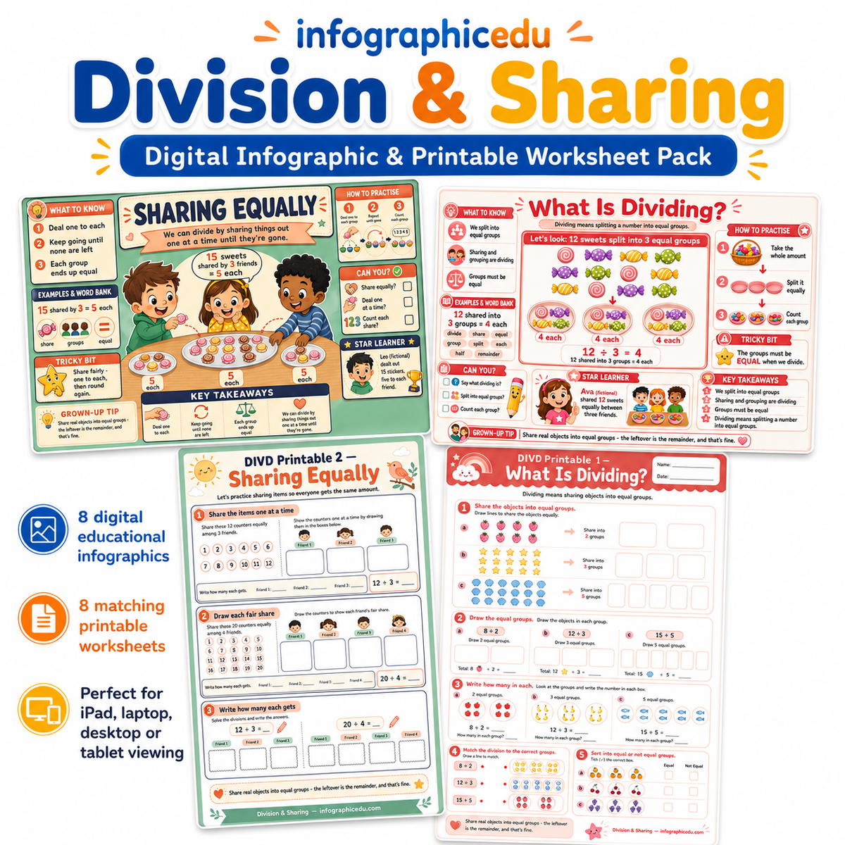 Division and Sharing digital course with 8 educational infographics and 8 printable worksheets for ages 7 to 9
