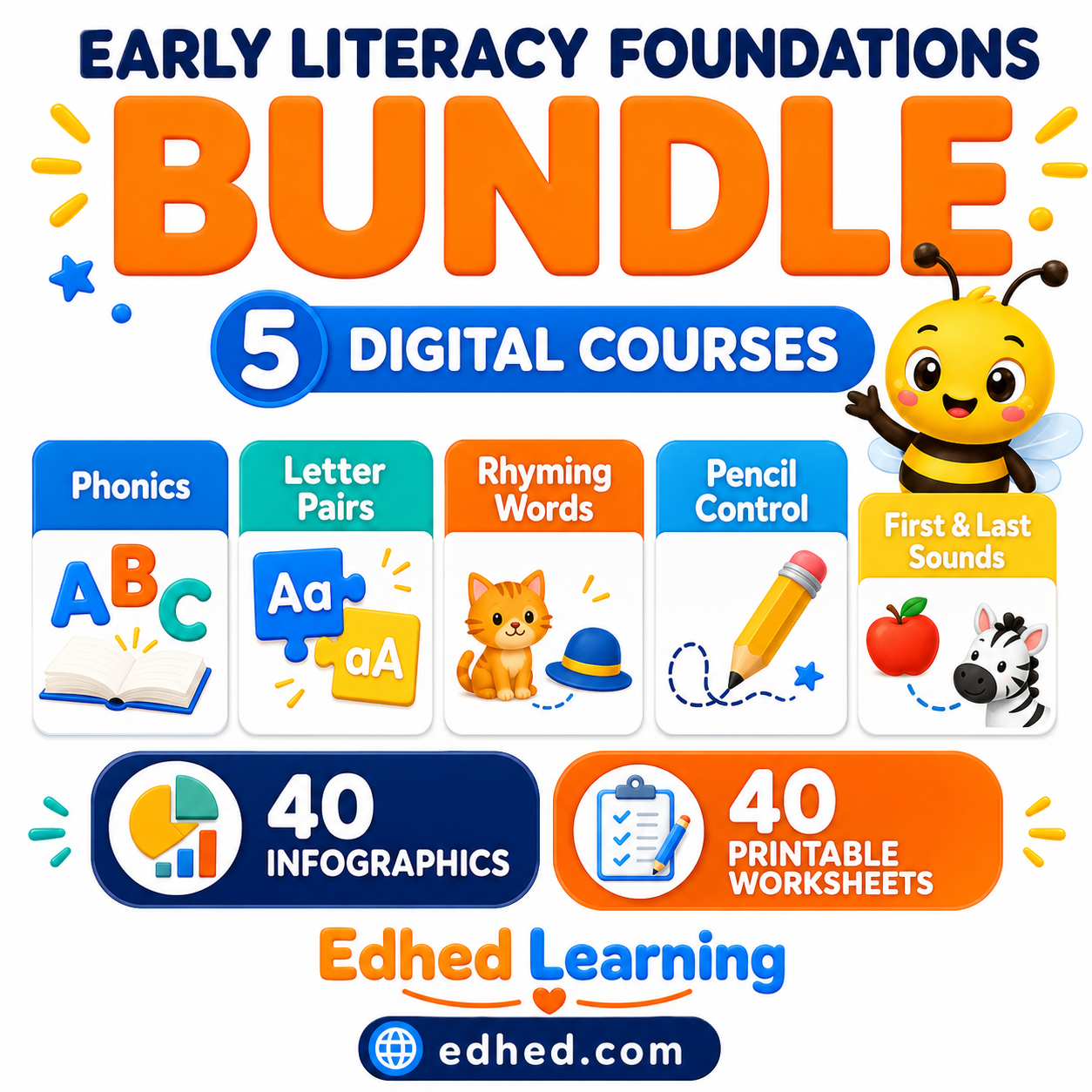 Early Literacy Foundations BUNDLE – 5 digital courses, 40 infographics and 40 printable worksheets