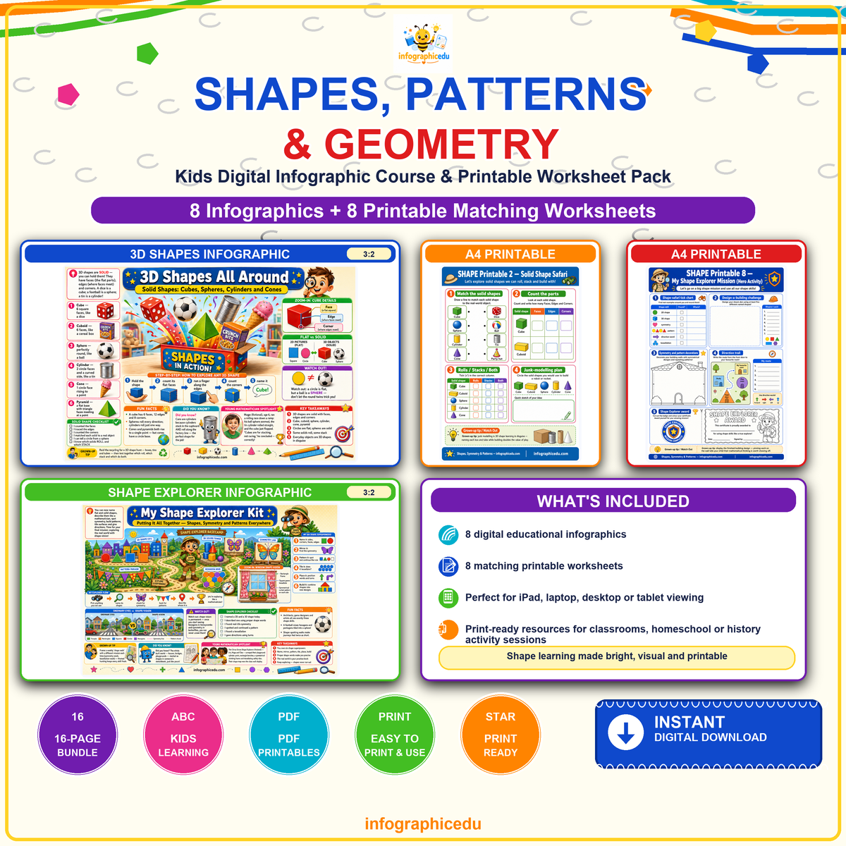 Shapes, Patterns & Geometry for Kids digital infographic course and printable worksheet pack cover from Infographic EDU