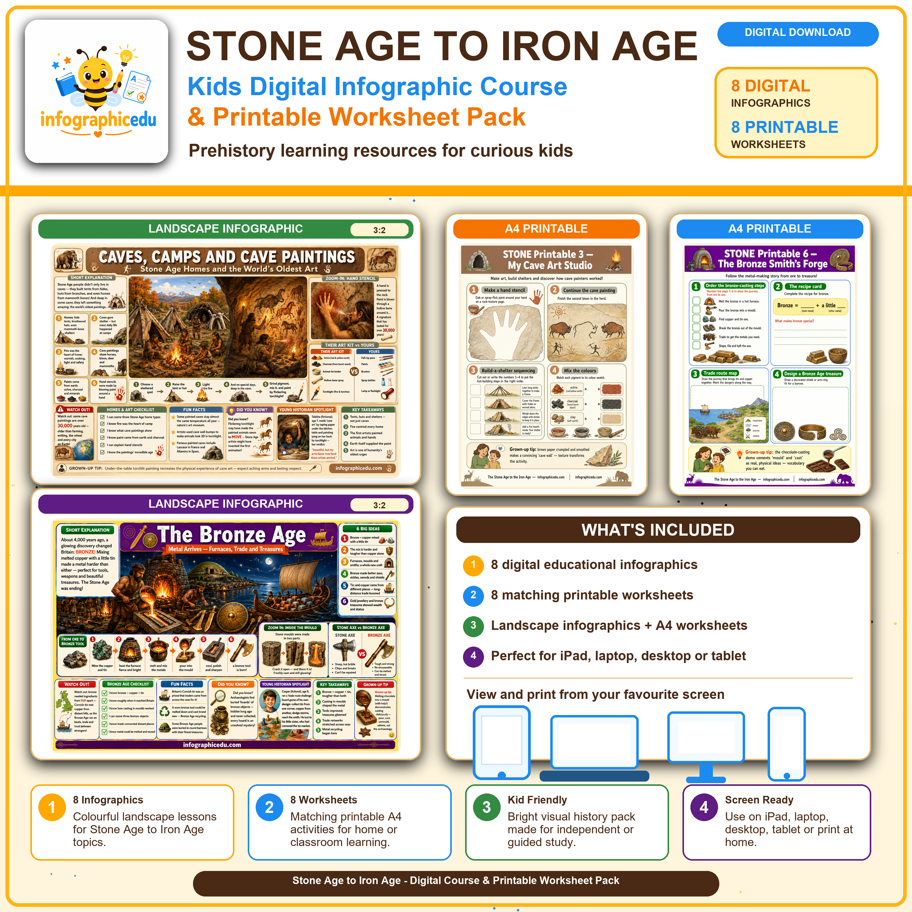 Stone Age to Iron Age for Kids digital infographic course and printable worksheet pack cover from Infographic EDU