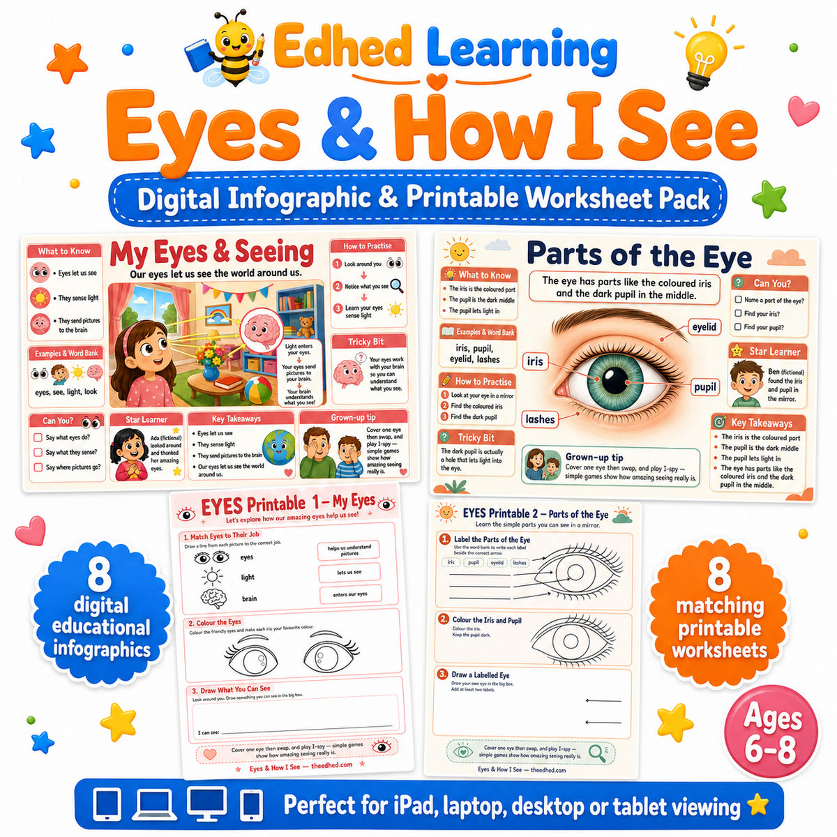Eyes & How I See digital infographic and printable worksheet pack for ages 6 to 8