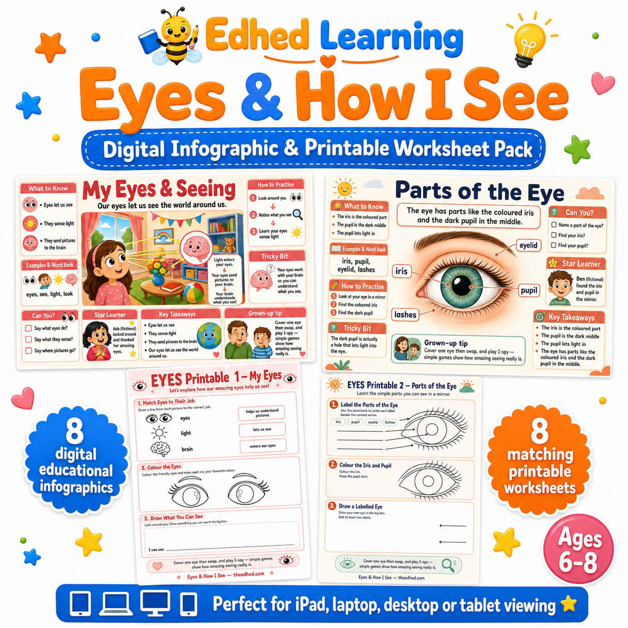 Eyes & How I See digital infographic and printable worksheet pack for ages 6 to 8
