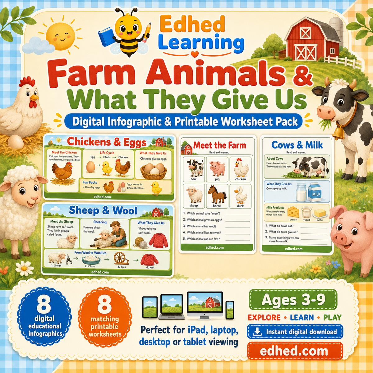Farm Animals & What They Give Us kids digital course cover with Edhed Learning branding, infographic and printable previews