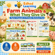 Farm Animals & What They Give Us kids digital course cover with Edhed Learning branding, infographic and printable previews