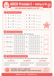 Free Adding to 20 printable worksheet with sums and ten-frames for ages 5 to 7