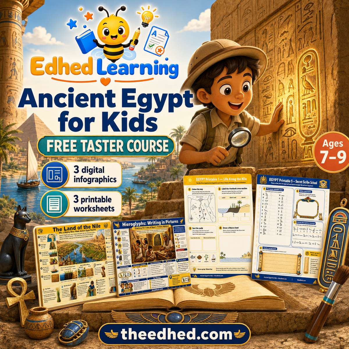 FREE Ancient Egypt for Kids taster course with 3 infographics and 3 printable worksheets for ages 7 to 9
