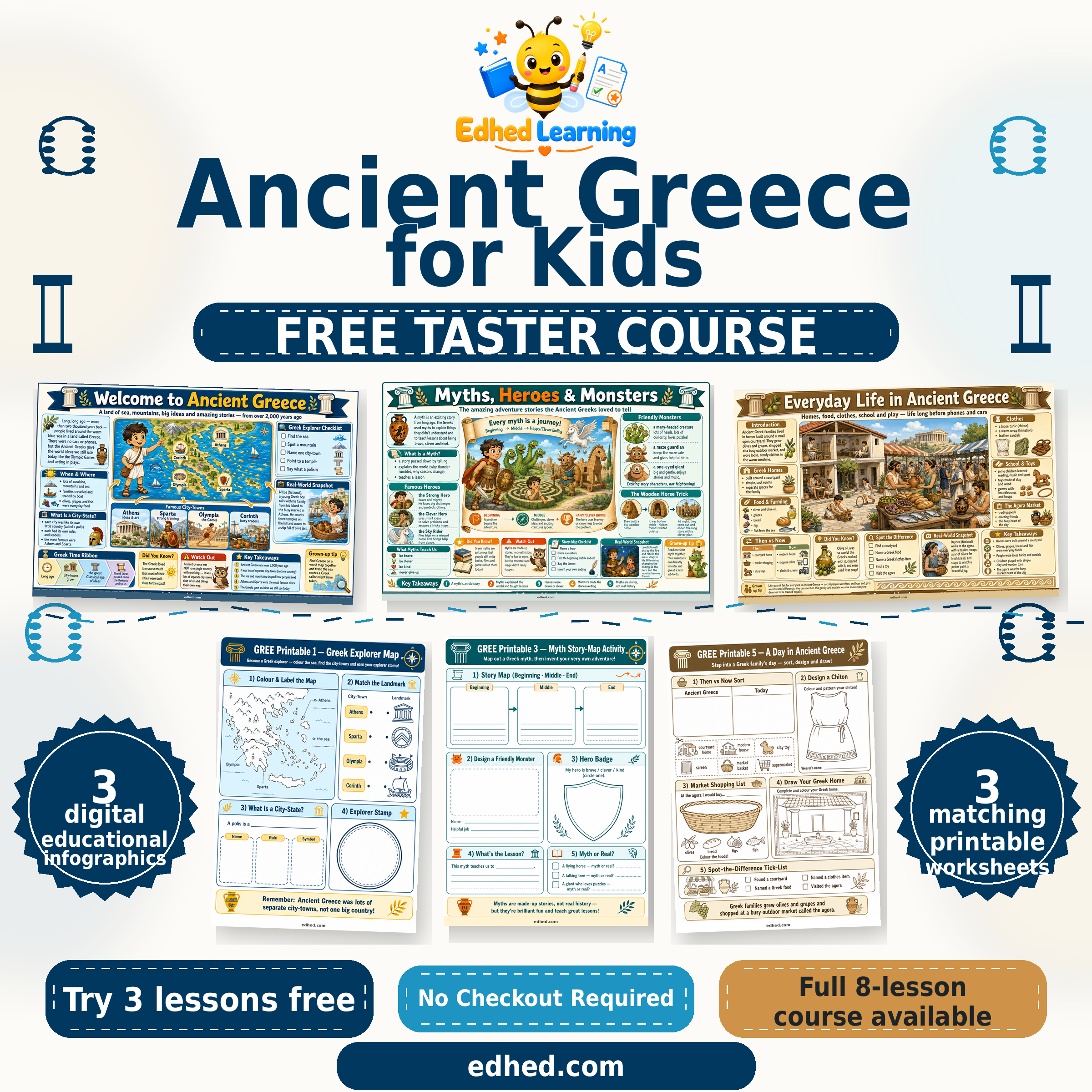 Edhed Learning Free Ancient Greece for Kids taster showing 3 actual infographics and 3 matching printable worksheets