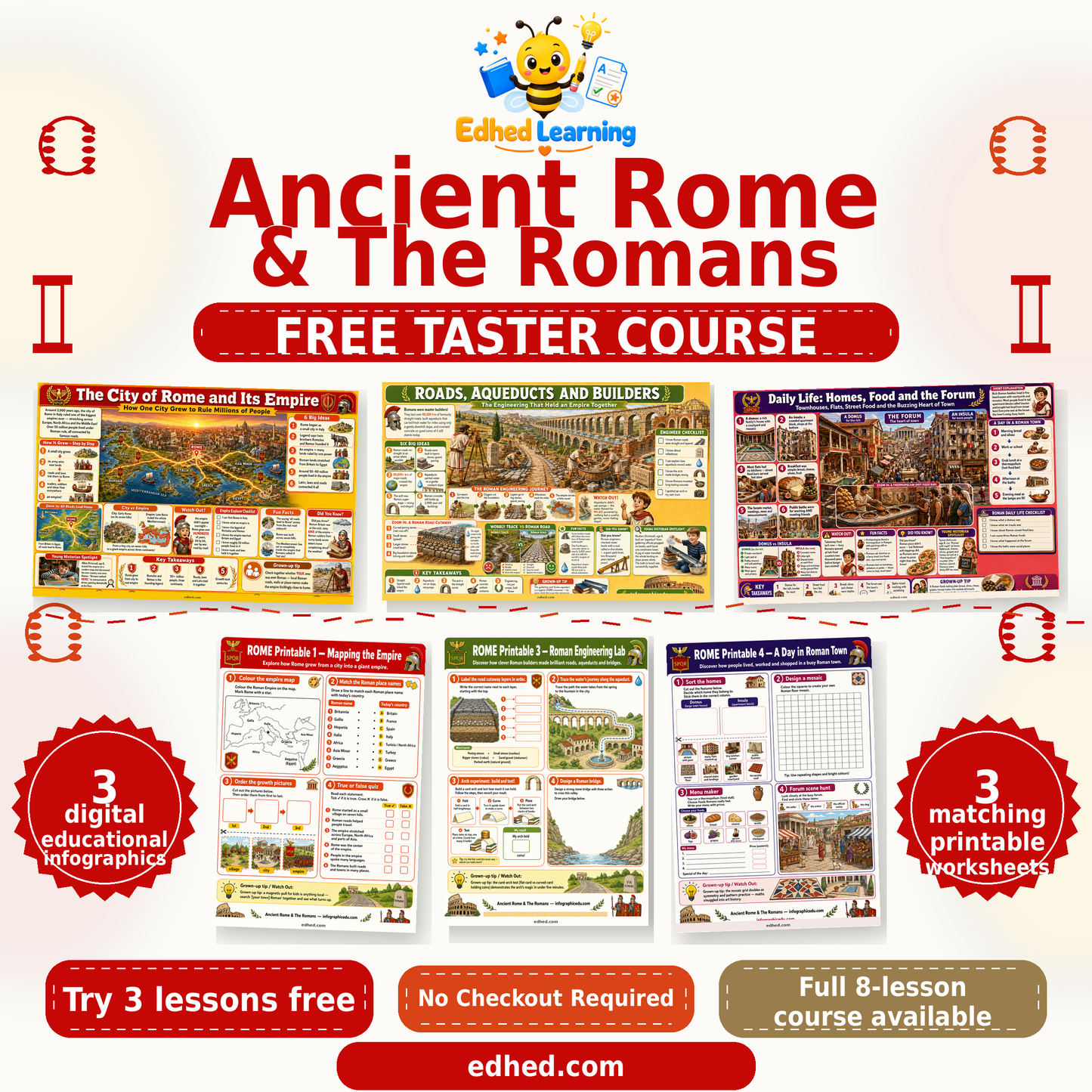 Edhed Learning Free Ancient Rome & The Romans taster showing 3 actual infographics and 3 matching printable worksheets