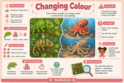 Changing Colour animal camouflage educational infographic for children ages 5 to 7