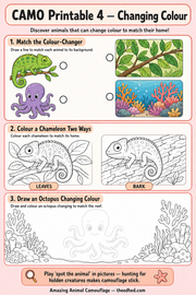 Free Changing Colour animal camouflage printable worksheet for ages 5 to 7