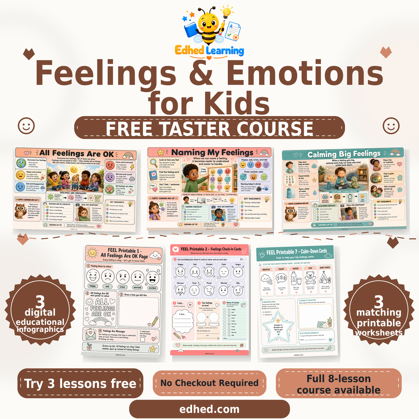 Edhed Learning Free Feelings & Emotions for Kids taster showing 3 actual infographics and 3 matching printable worksheets