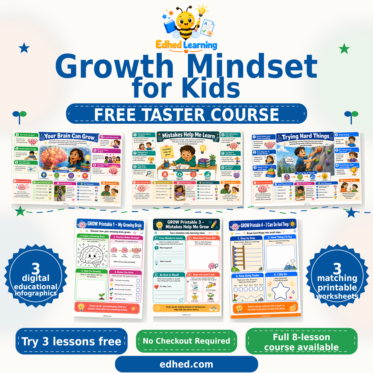 Edhed Learning Free Growth Mindset for Kids taster showing 3 actual infographics and 3 matching printable worksheets