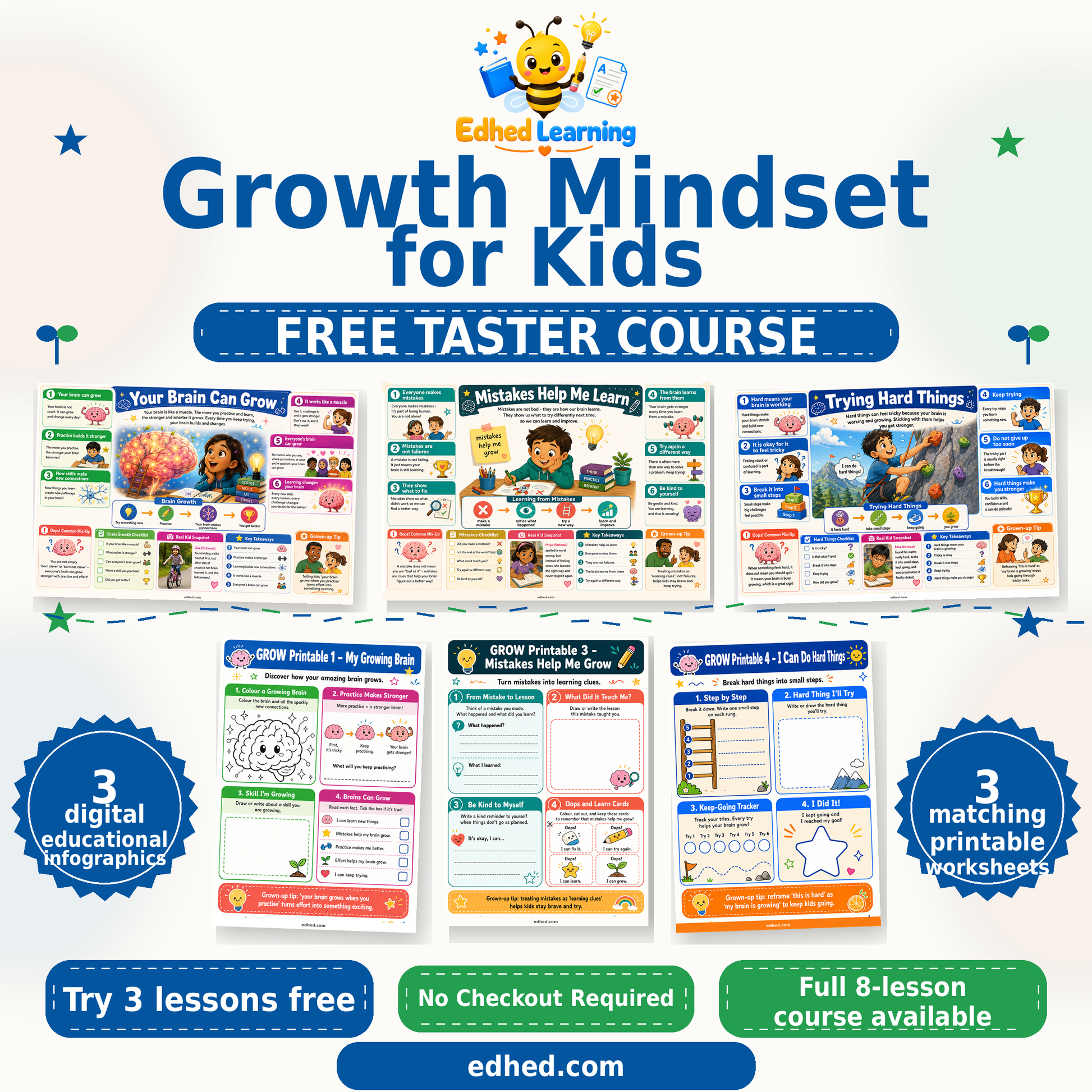 Edhed Learning Free Growth Mindset for Kids taster showing 3 actual infographics and 3 matching printable worksheets