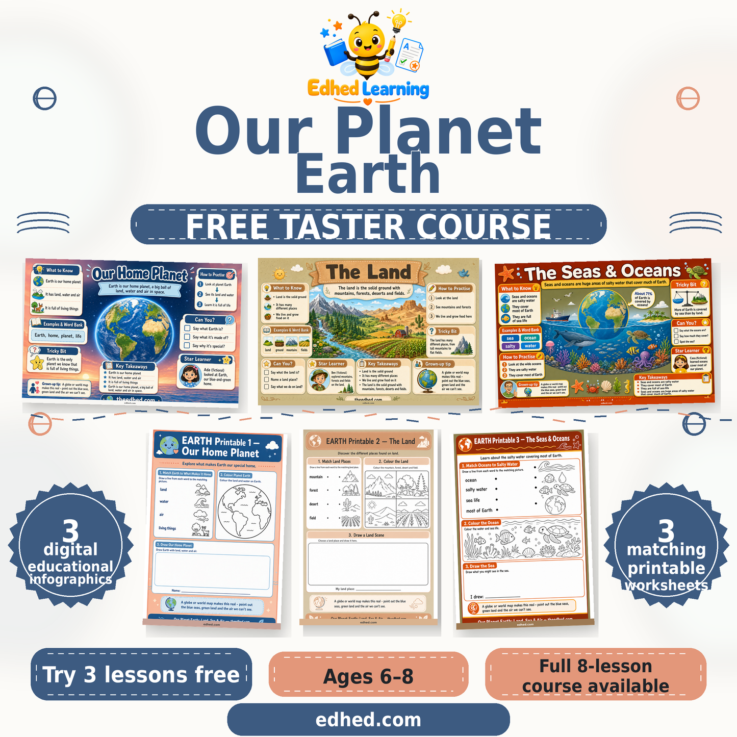 Edhed Learning Free Our Planet Earth taster showing 3 actual infographics and 3 matching printable worksheets