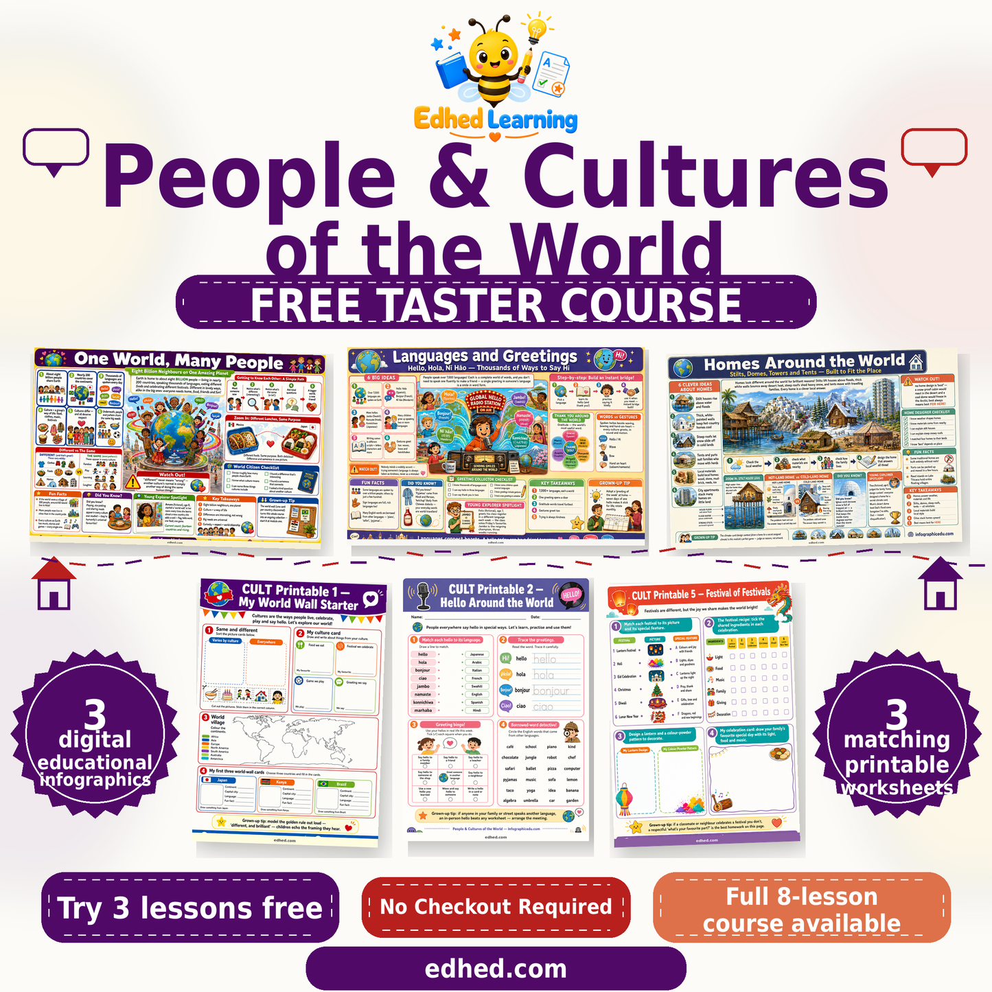 Edhed Learning Free People & Cultures of the World taster showing 3 actual infographics and 3 matching printable worksheets