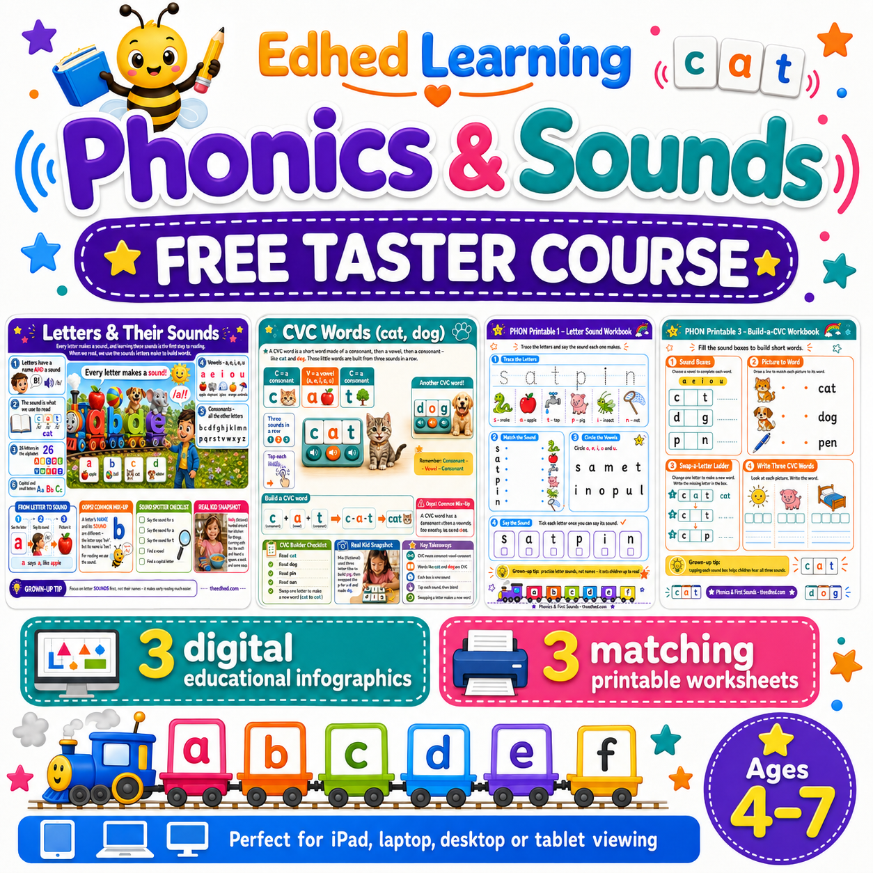 Phonics and Sounds free taster course with 3 infographics and 3 printable worksheets for ages 4 to 7