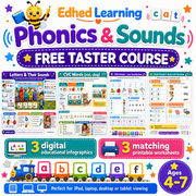 Phonics and Sounds free taster course with 3 infographics and 3 printable worksheets for ages 4 to 7
